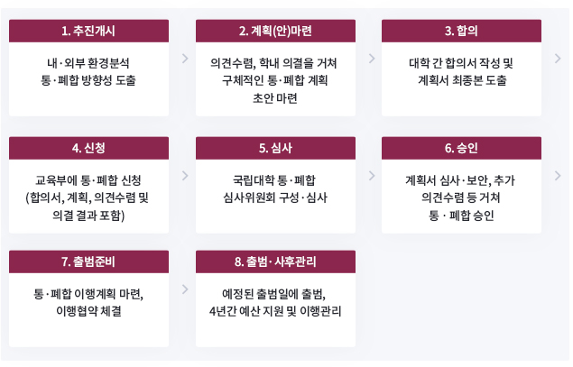 통·폐합 사전분석 및 추진방향 수립(대학)/내·외부 이해관계자 의견수렴 및 대학 간 합의(대학)/ 통·폐합 신청서 작성 및 제출(대학)/국립대학 통·폐합 신청서 작성 및 제출(대학)/ 국립대학 통·폐합 심사위원회 심의 및 승인(교육부)/ 통·폐합 승인 후 절차(대학/교육부)